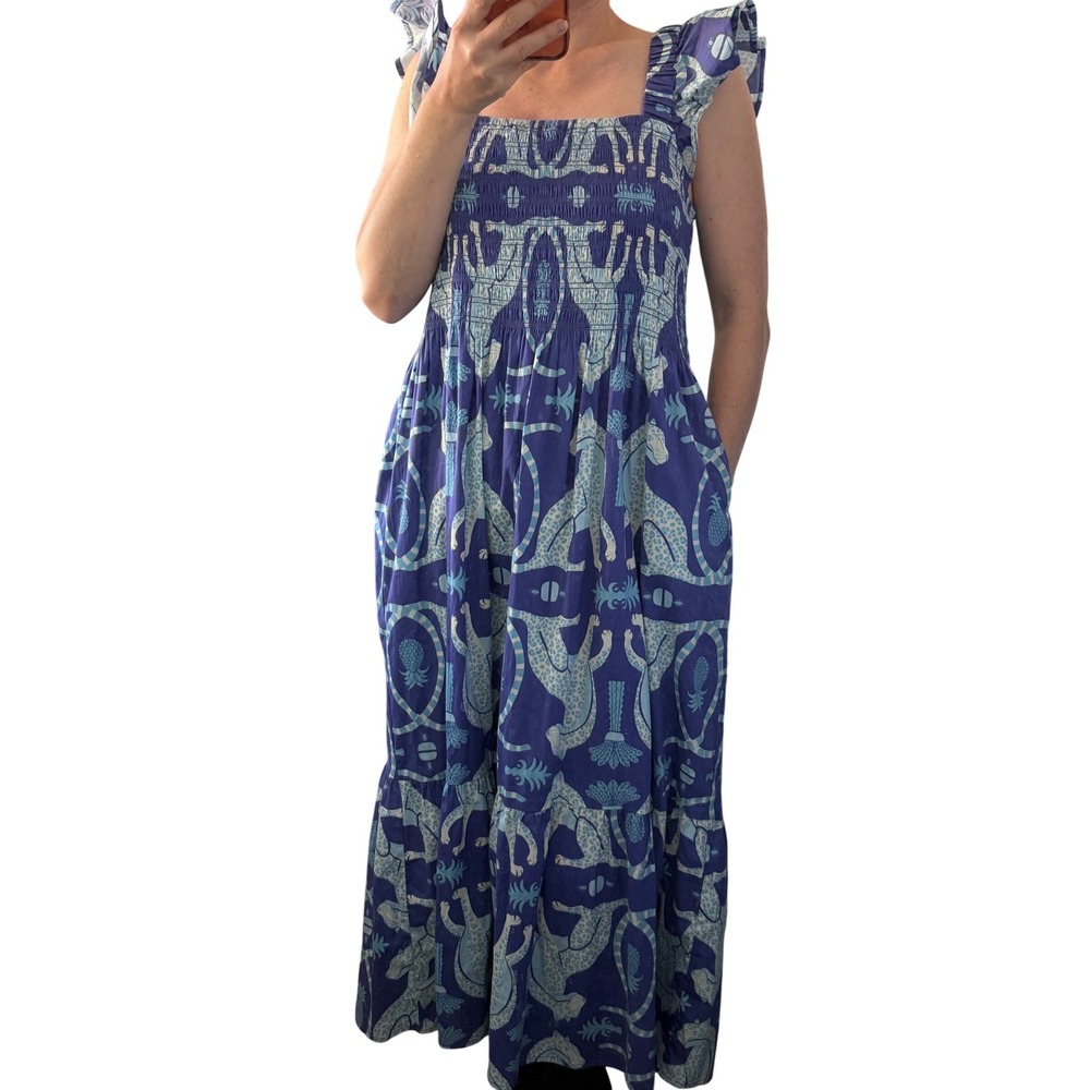 Sheridan French Charlotte Blue Leopard Pineapple Smocked Ruffle Maxi Dress NWT